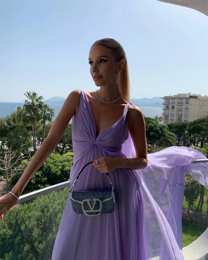 Sexy V Neck Lilac Tulle Prom Dress Long Party Evening Gown cc2087