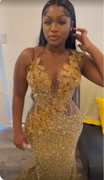 Gorgeous Gold Sequins Appliques Prom Dress Formal Mermaid Evening Dress cc2323