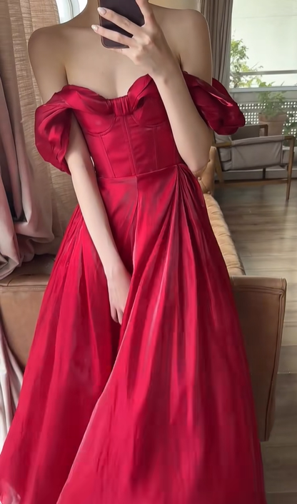 Classy A Line Party Dress Outfits Off the Shoulder Satin Long Prom Dress