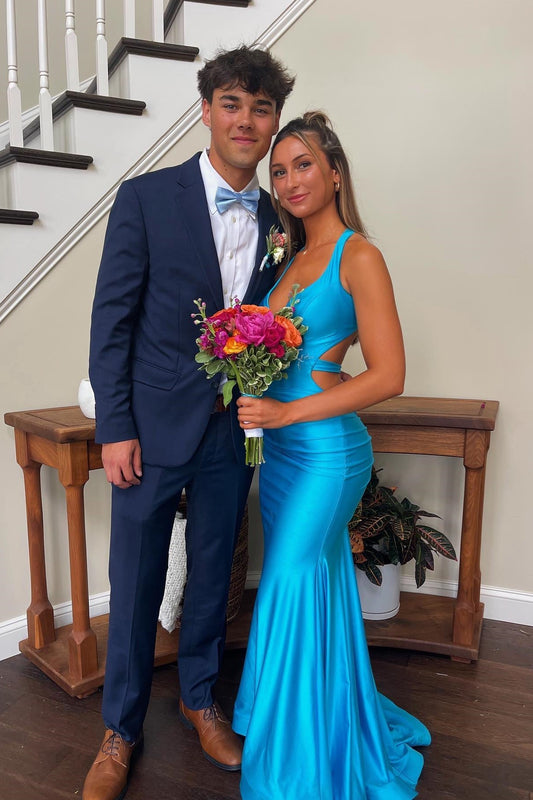 V-neck Open Back Ruched Mermaid Graduation Dress Formal Dresses Long