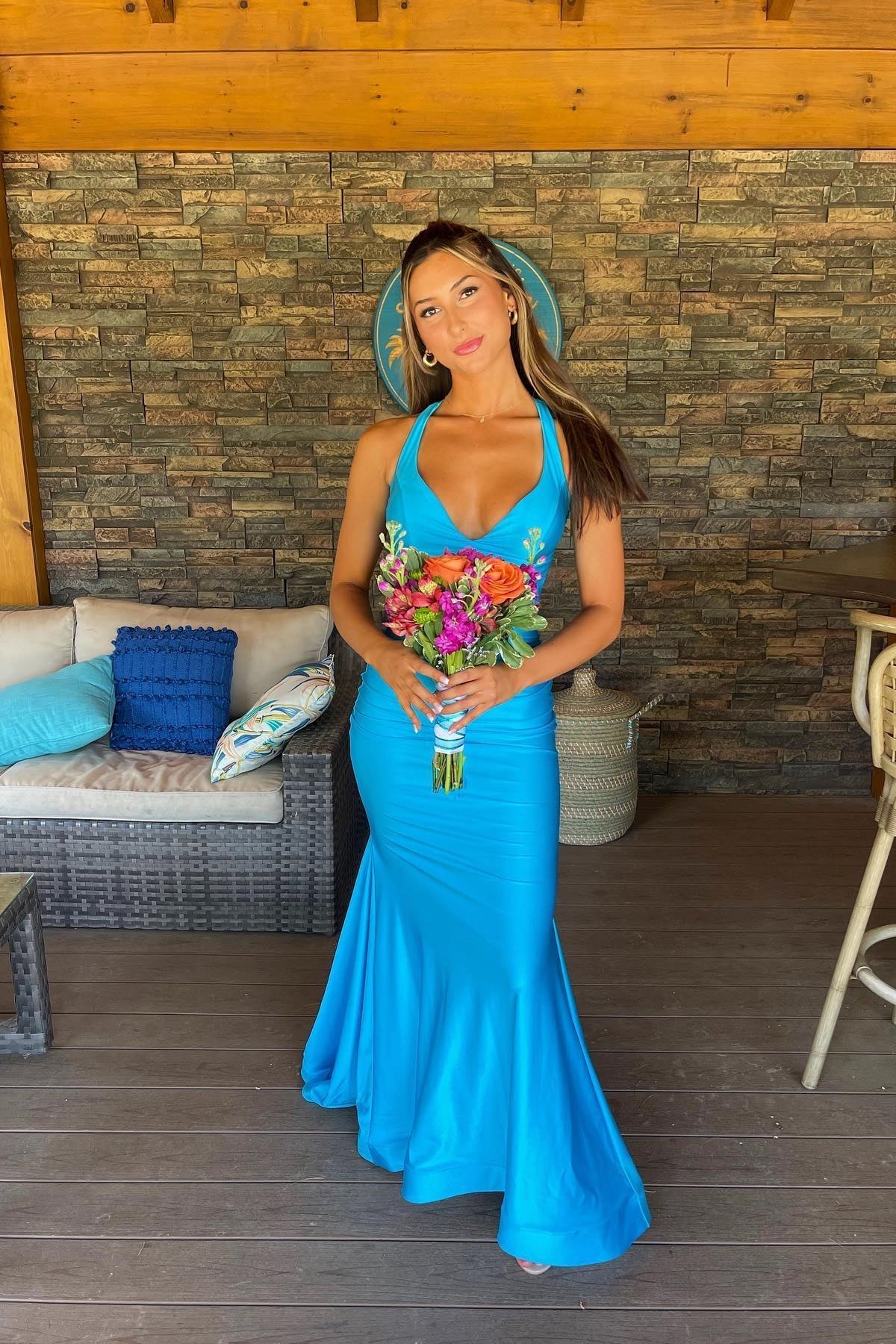 V-neck Open Back Ruched Mermaid Graduation Dress Formal Dresses Long