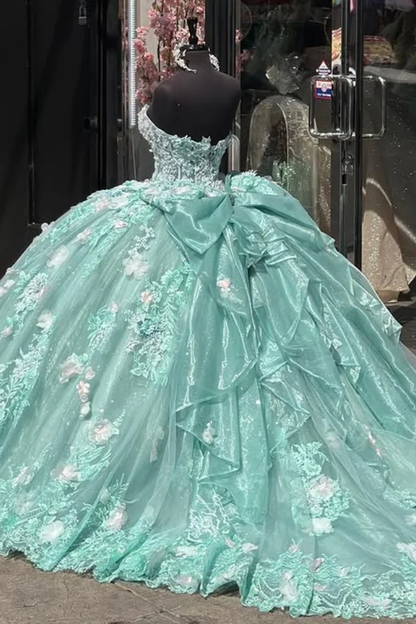Luxury Sweet 16 Ball Gown Mint Green 3D Flower Appliques Tulle Quinceanera Dress Birthday Party Gown  cc2685