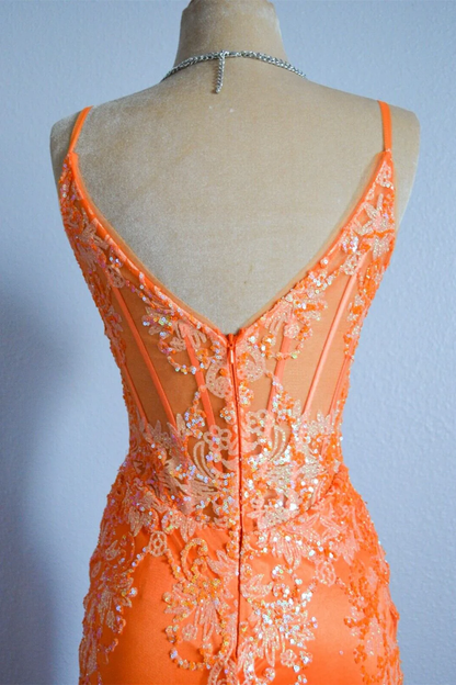 Orange Mermaid Spaghetti Straps Sequins Applique Long Prom Dress  cc1002