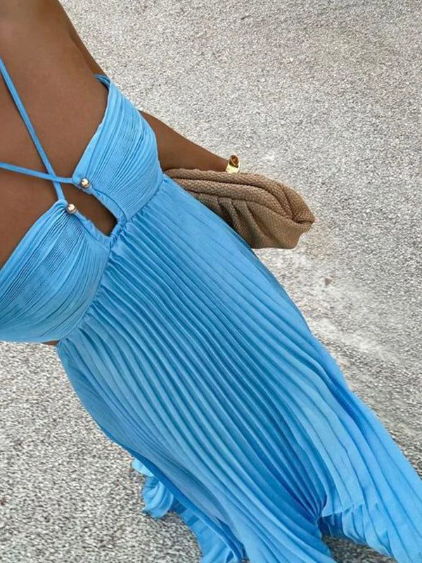 Sexy Halter Satin Pleated A Line Party Dress,Blue Backless Prom Evening Dress  cc2557