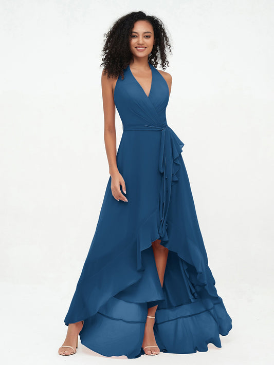 Halter Deep-V Neck Chiffon Asymmetrical Dresses-Ink Blue