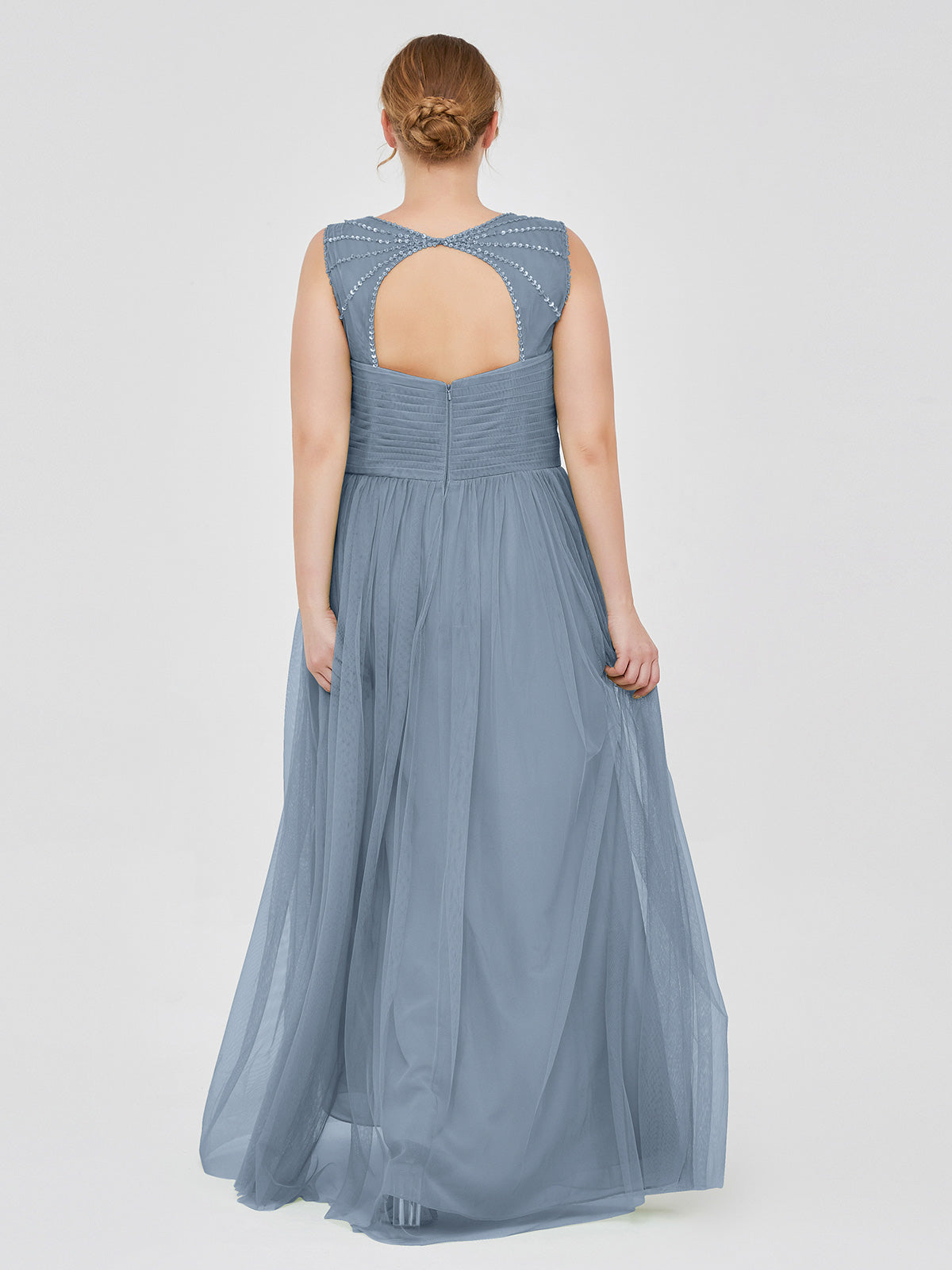 Cross-Pleated Tulle Long Dresses with Beaded Straps Dusty Blue Plus Size