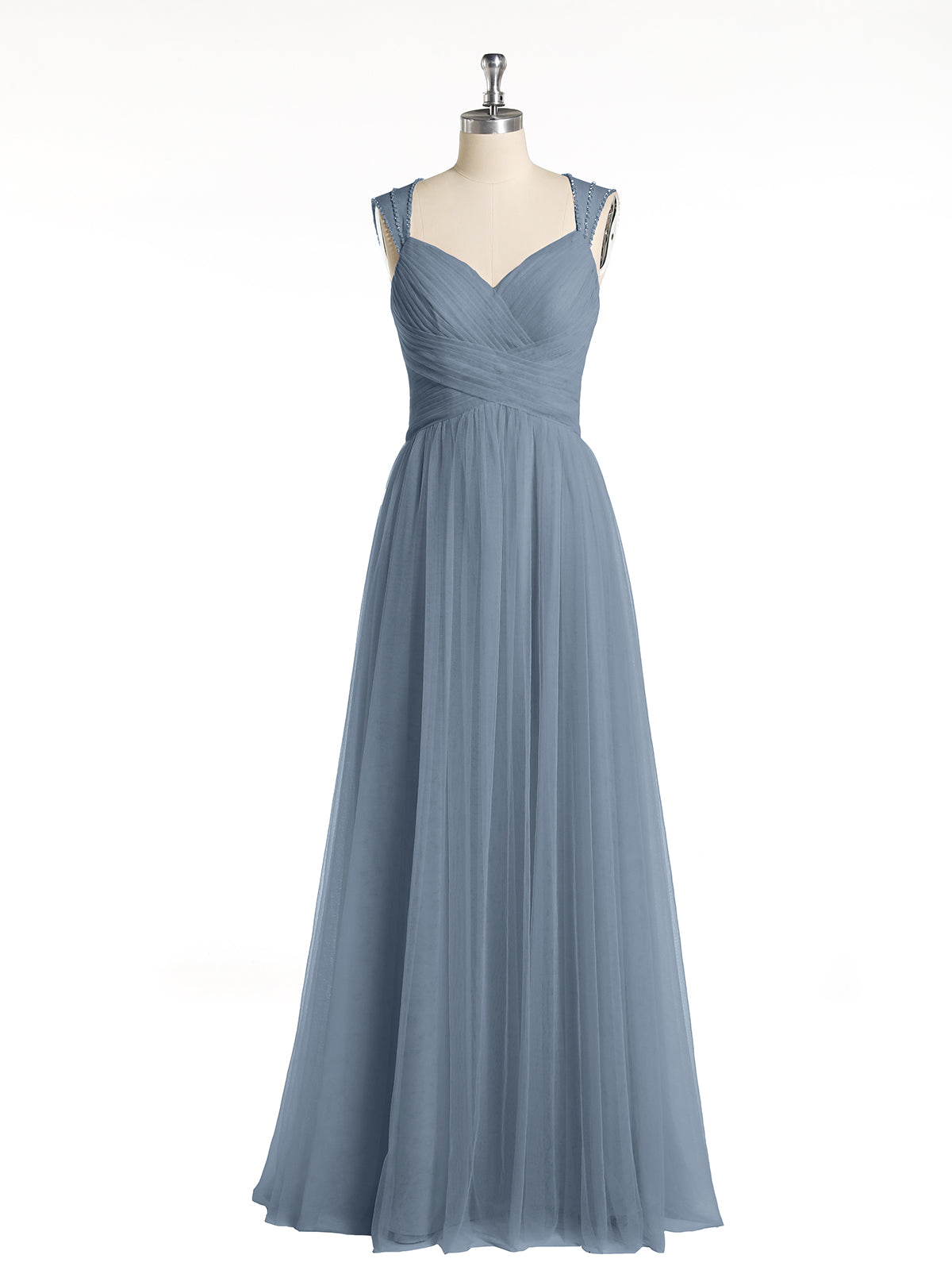 Cross-Pleated Tulle Long Dresses with Beaded Straps Dusty Blue Plus Size