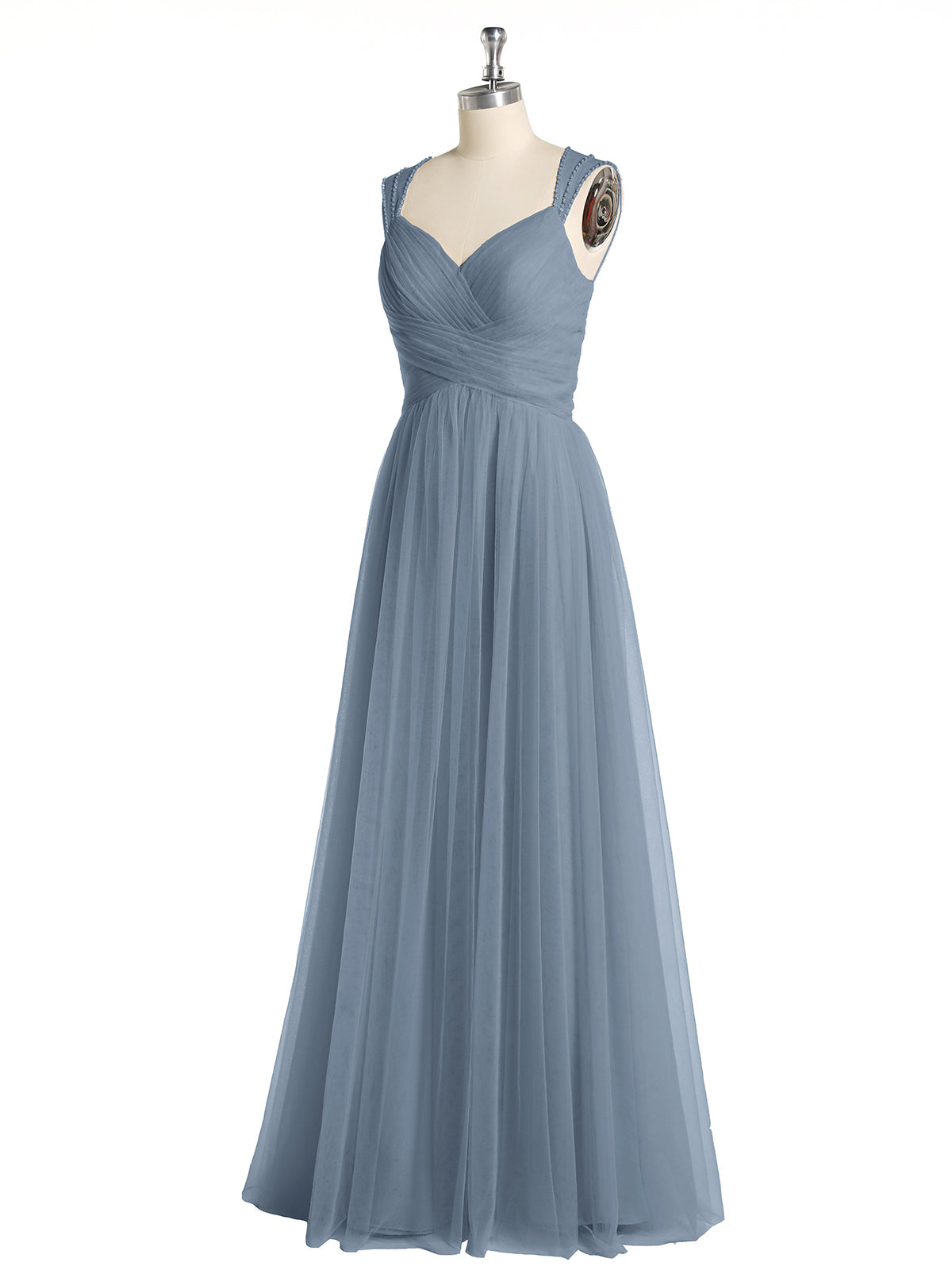 Cross-Pleated Tulle Long Dresses with Beaded Straps Dusty Blue Plus Size