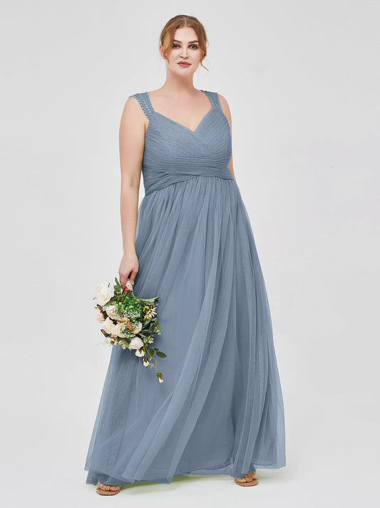 Cross-Pleated Tulle Long Dresses with Beaded Straps Dusty Blue Plus Size