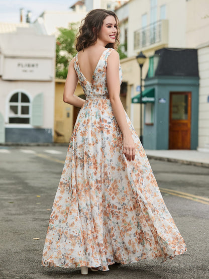 V Neckline Chiffon Bridesmaid Dresses Sunset Floral