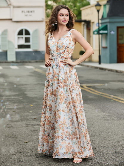 V Neckline Chiffon Bridesmaid Dresses Sunset Floral