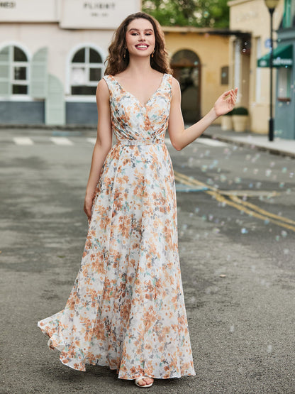 V Neckline Chiffon Bridesmaid Dresses Sunset Floral