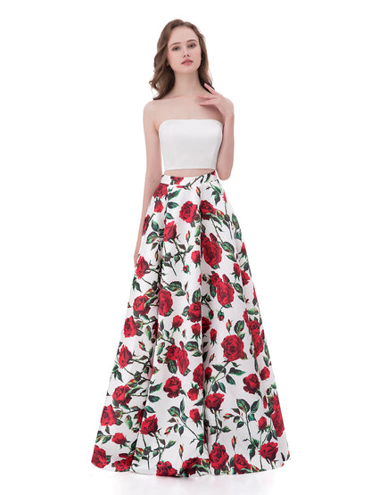 Two Piece Dress with Print Rose Skirt-Floral