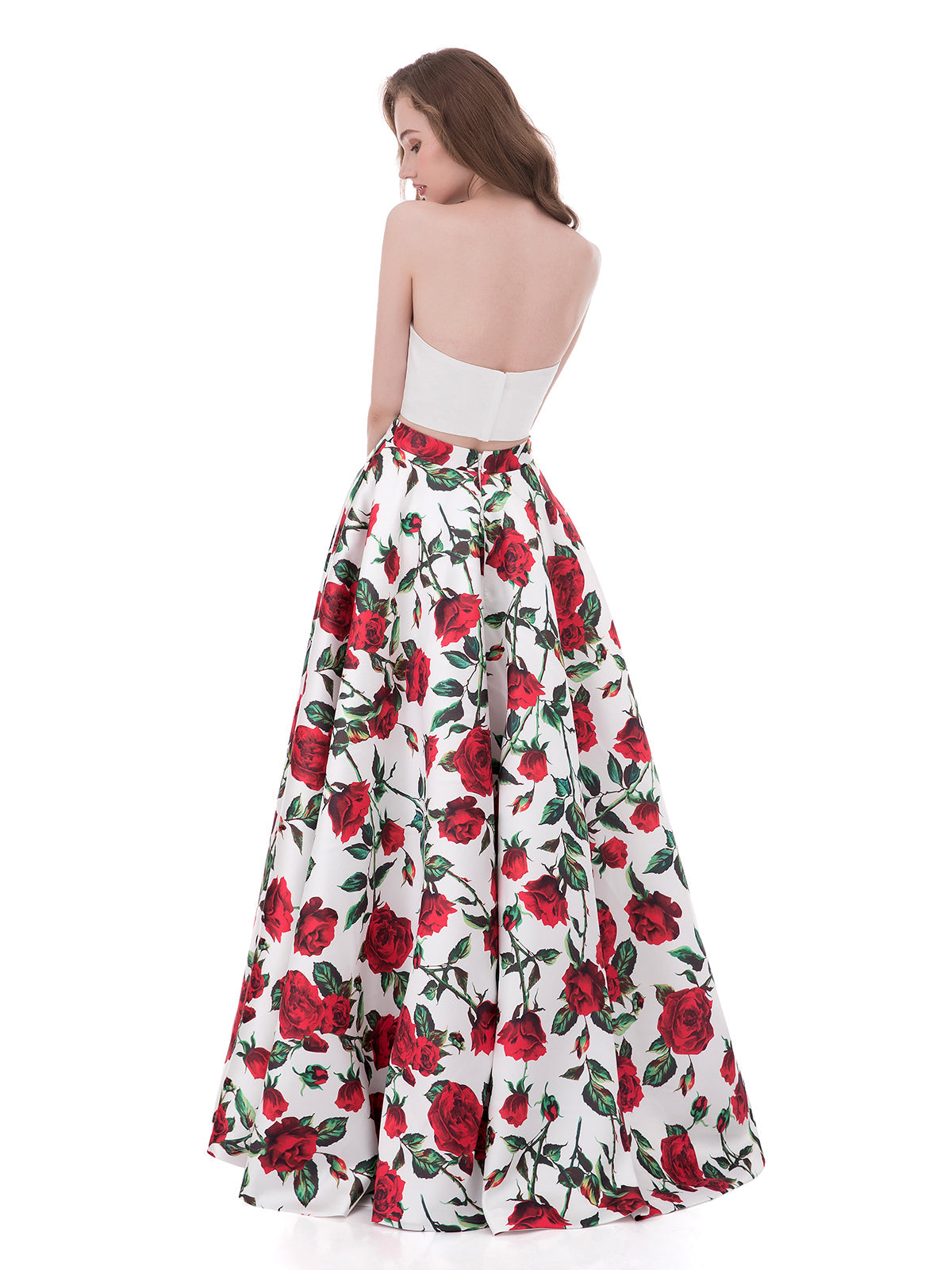 Two Piece Dress with Print Rose Skirt-Floral