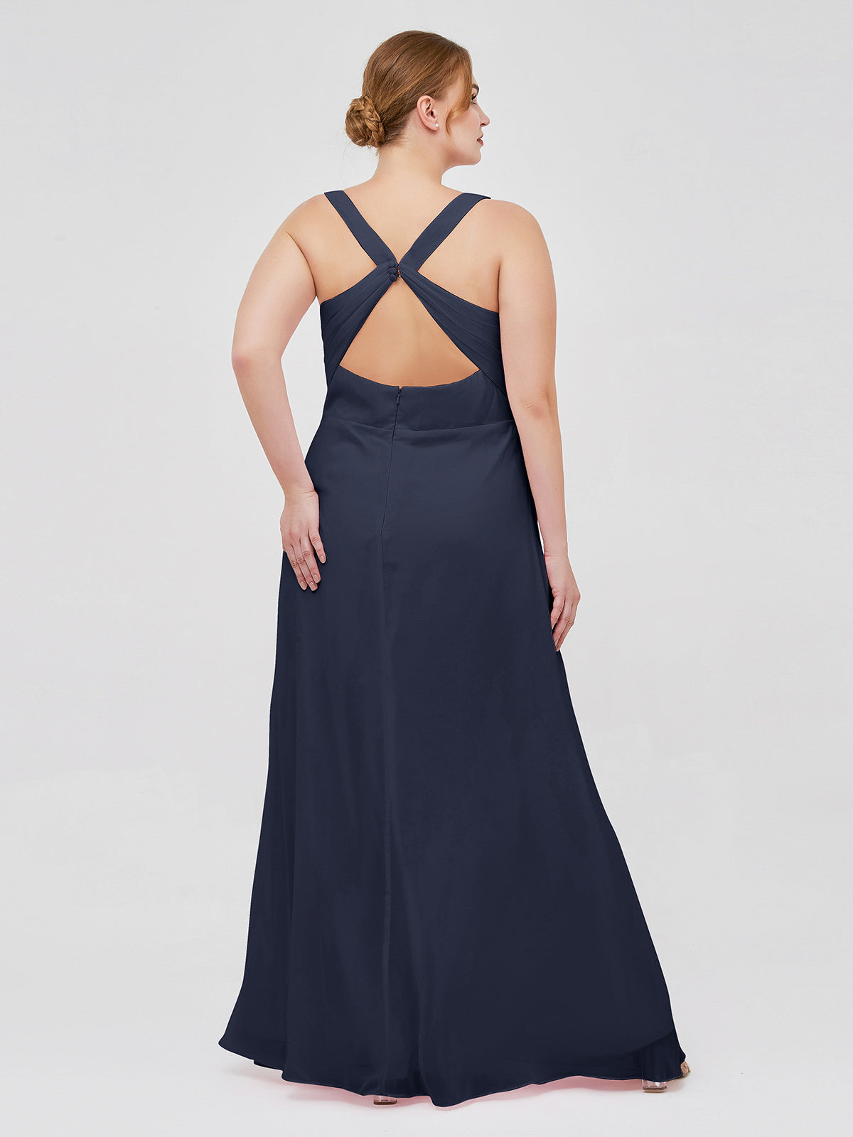V-neck Chiffon Bridesmaid Dress with Open Back Dark Navy Plus Size