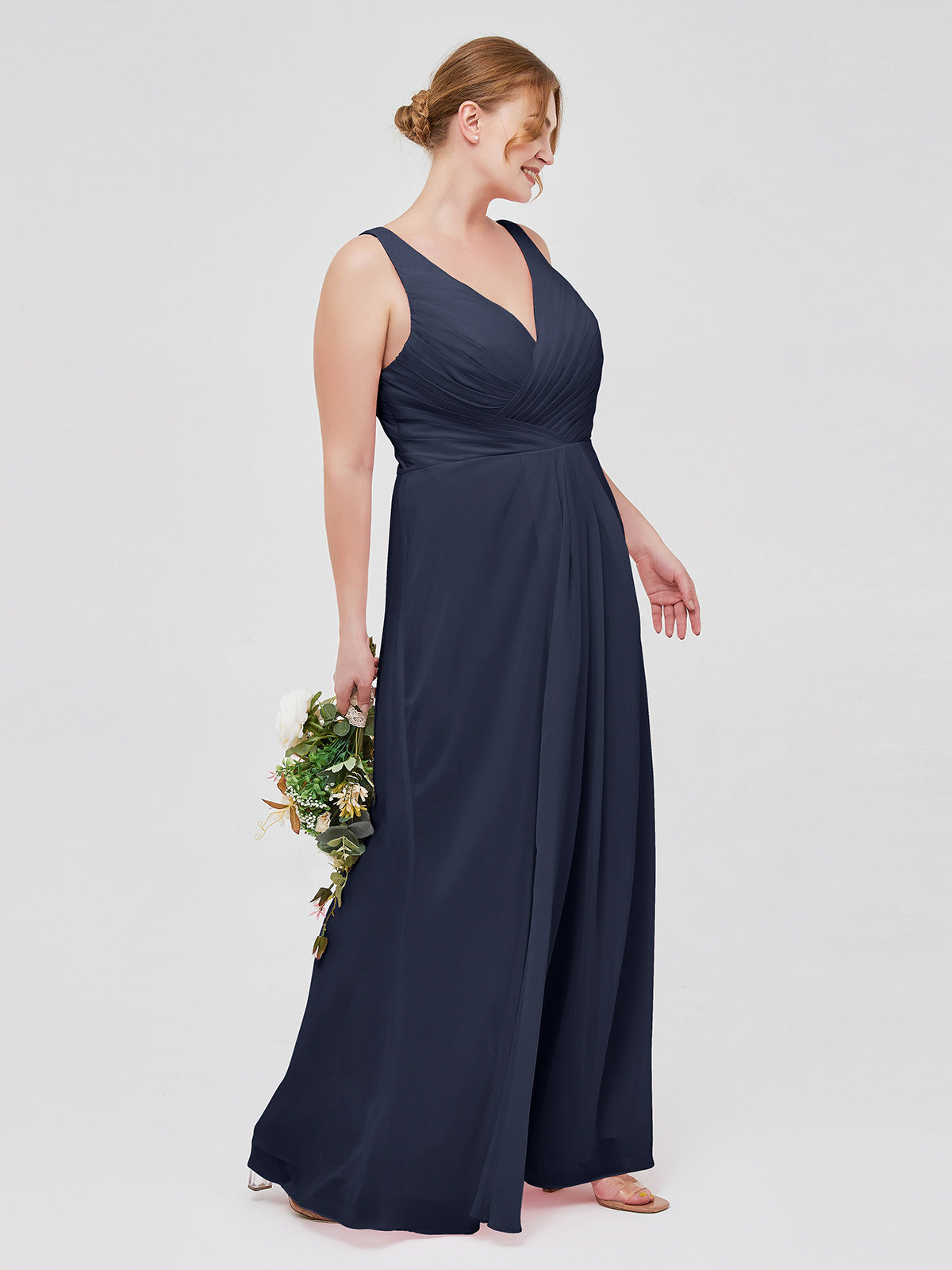 V-neck Chiffon Bridesmaid Dress with Open Back Dark Navy Plus Size