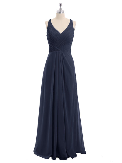 V-neck Chiffon Bridesmaid Dress with Open Back Dark Navy Plus Size
