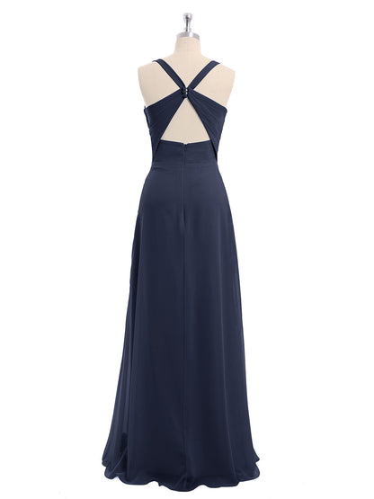 V-neck Chiffon Bridesmaid Dress with Open Back Dark Navy Plus Size