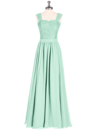 Shoulder Strap Lace AND CHIFFON Long Dress-Mint Green