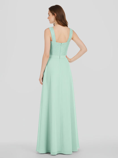 Shoulder Strap Lace AND CHIFFON Long Dress-Mint Green