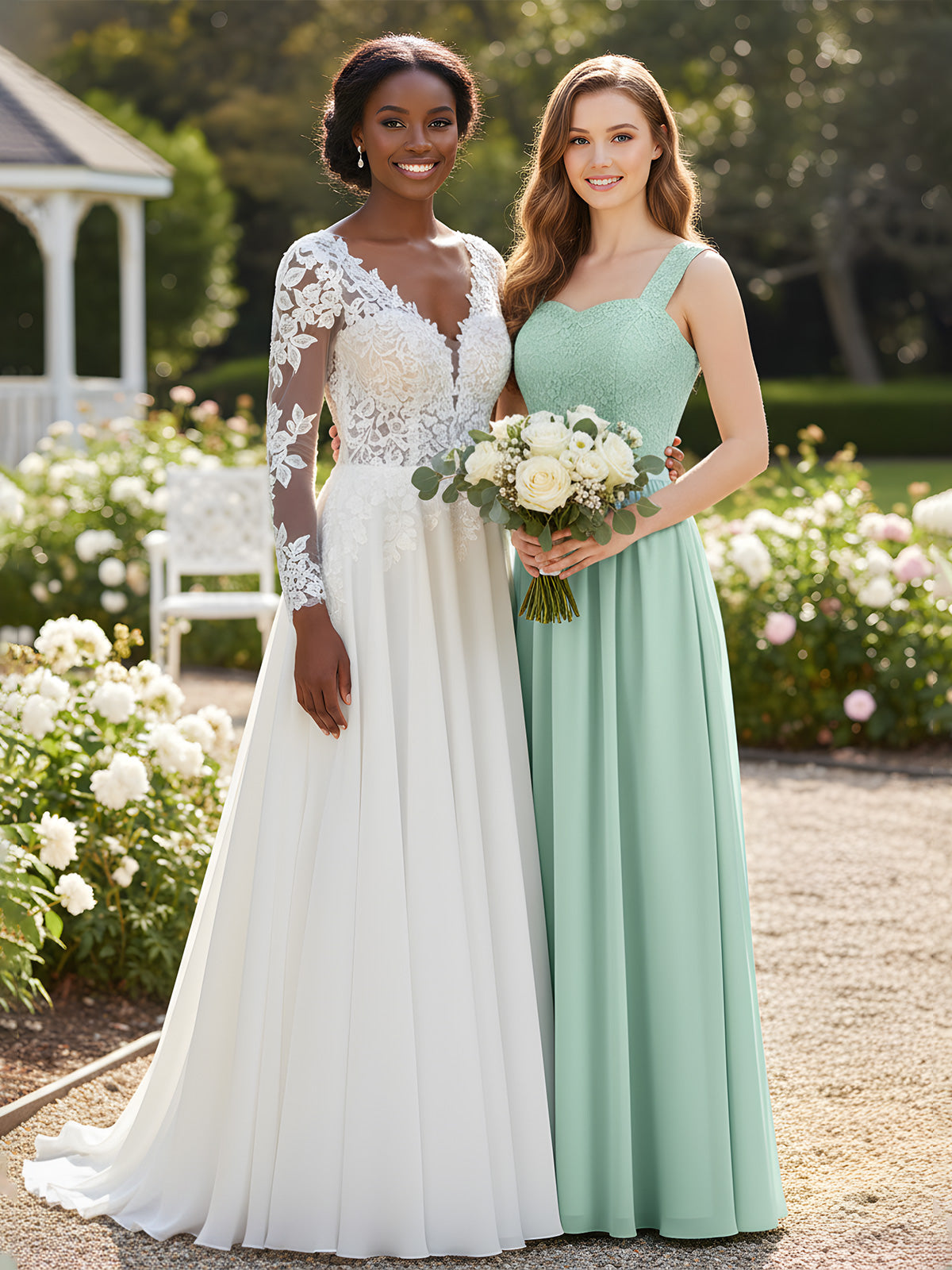 Shoulder Strap Lace AND CHIFFON Long Dress-Mint Green