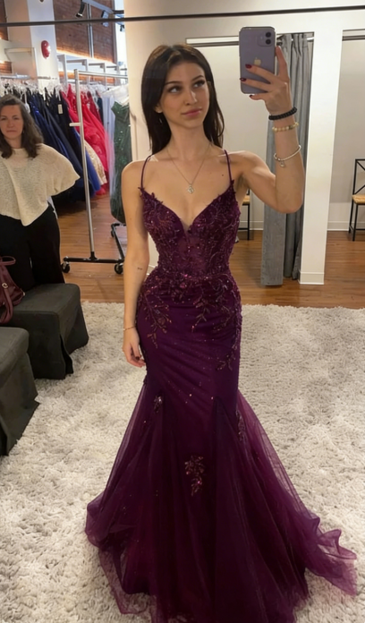 Classy Mermaid Straps Red Tulle Backless Long Prom Dresses Party Dress Birthday Outfits Graduation Dresses W0513