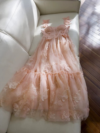 Elegant A line Straps Blush Pink Lace Sleeveless Long Evening Party Gowns Evening Formal Dresses Prom Dress W945