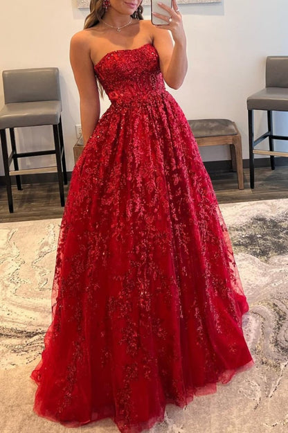 Zara |A-line Sequined Lace Long Prom Dress with Pockets