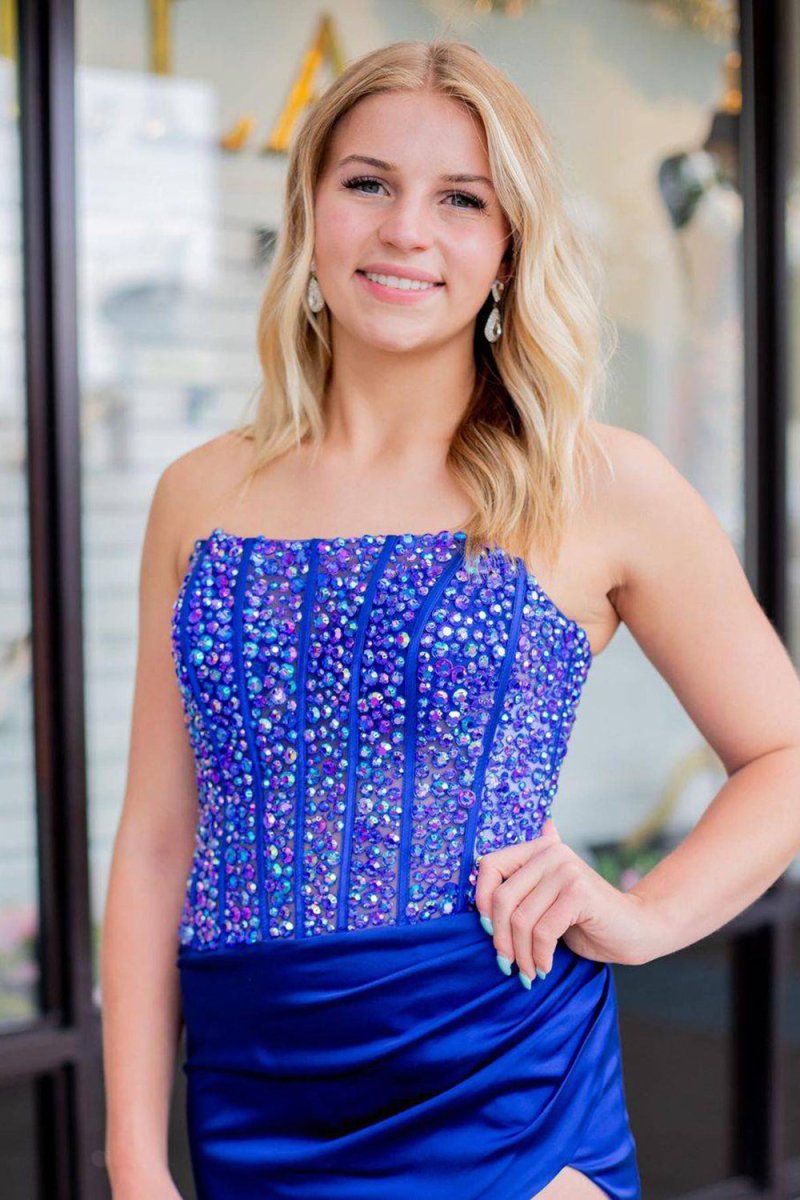 Karter |Sheath Strapless Satin Prom Dress with Slit