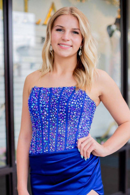 Karter |Sheath Strapless Satin Prom Dress with Slit