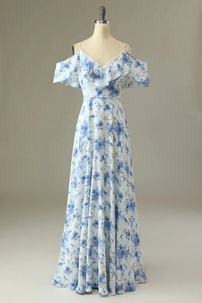 A Line Off The Shoulder Floral Print Long Bridesmaid Dress