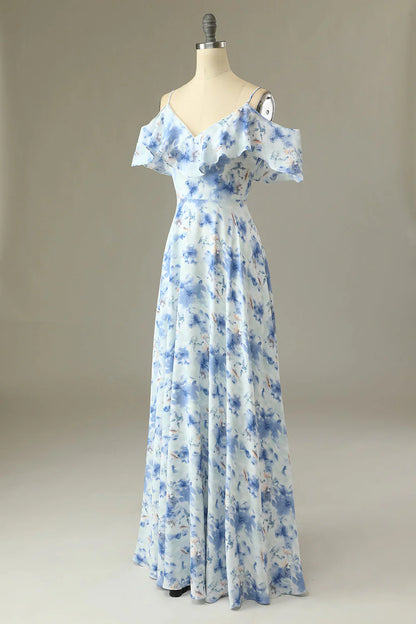 A Line Off The Shoulder Floral Print Long Bridesmaid Dress