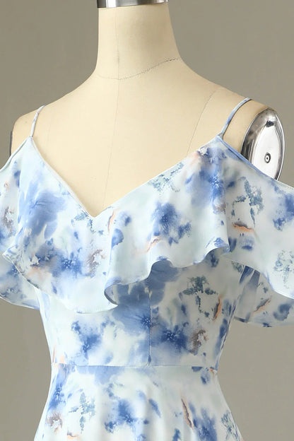 A Line Off The Shoulder Floral Print Long Bridesmaid Dress
