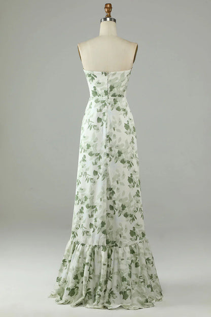 Asymmetrical Strapless Printed Long Bridesmaid Dress