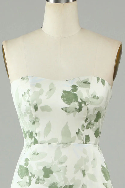 Asymmetrical Strapless Printed Long Bridesmaid Dress