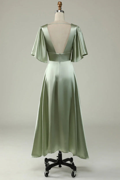 A Line Deep V Neck Bridesmaid Dress With Half Sleeves