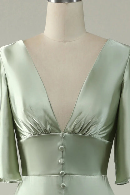 A Line Deep V Neck Bridesmaid Dress With Half Sleeves