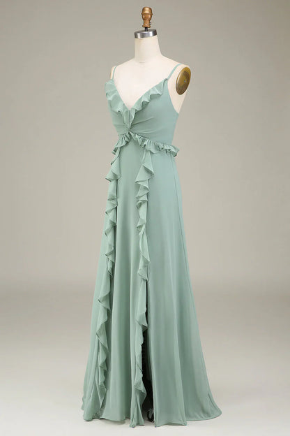 A-Line V-Neck Chiffon Bridesmaid Dress With Ruffles