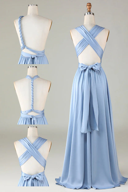 Versatile Open Back Wearing Dusty Blue Bridesmaid Dress