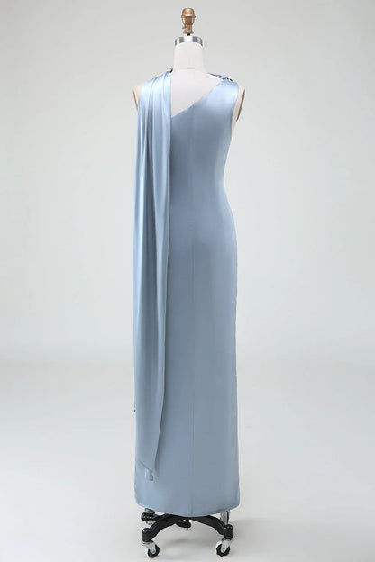 Sheath One Shoulder Satin Long Bridesmaid Dress