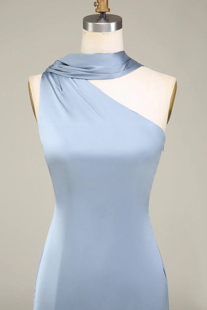 Sheath One Shoulder Satin Long Bridesmaid Dress