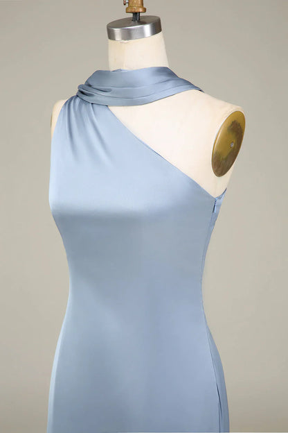 Sheath One Shoulder Satin Long Bridesmaid Dress