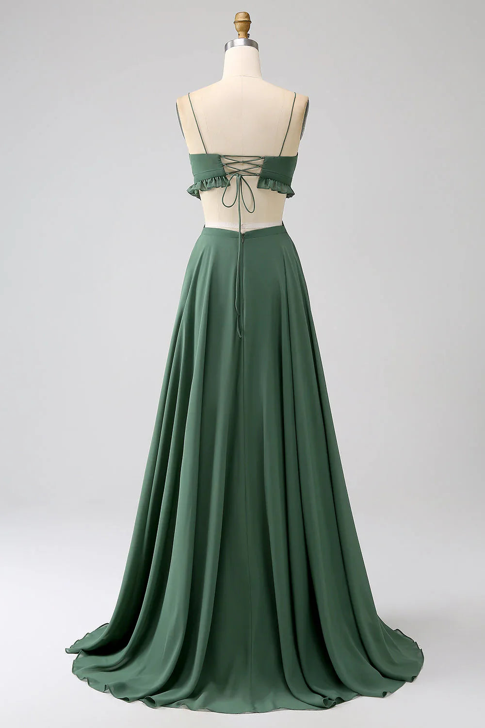 Spaghetti Straps Ruffles Hollow-Out Long Bridesmaid Dress