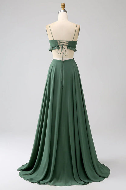 Spaghetti Straps Ruffles Hollow-Out Long Bridesmaid Dress