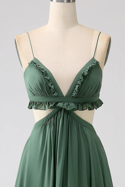 Spaghetti Straps Ruffles Hollow-Out Long Bridesmaid Dress