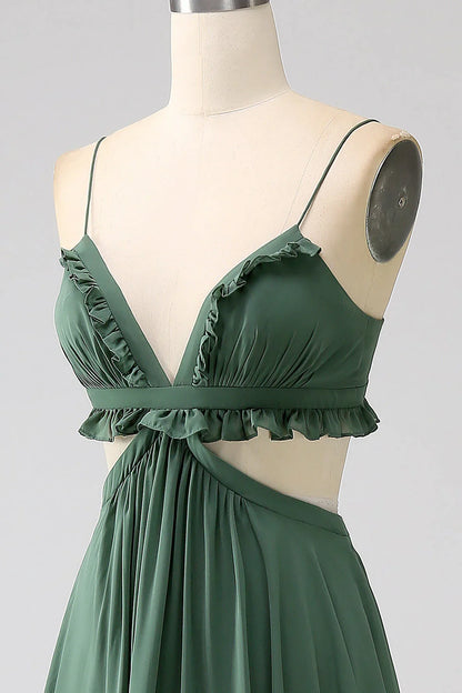 Spaghetti Straps Ruffles Hollow-Out Long Bridesmaid Dress