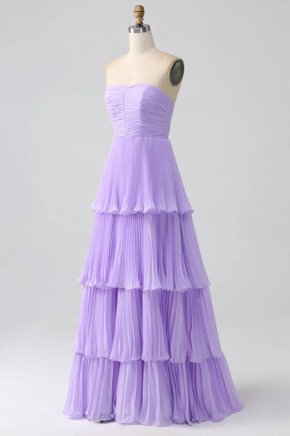 A-Line Sweetheart Tiered Chiffon Long Bridesmaid Dress With Pleated