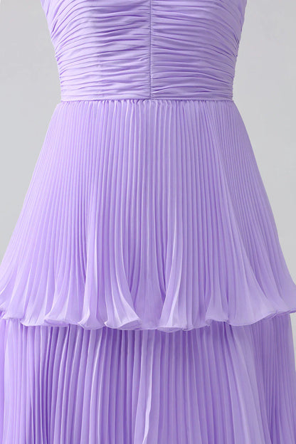 A-Line Sweetheart Tiered Chiffon Long Bridesmaid Dress With Pleated