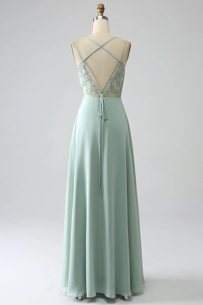 A-Line Spaghetti Straps Backless Pleated Long Bridesmaid Dress