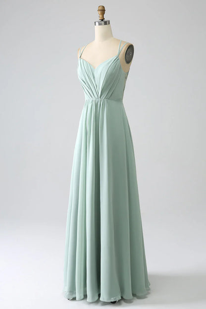 A-Line Spaghetti Straps Backless Pleated Long Bridesmaid Dress